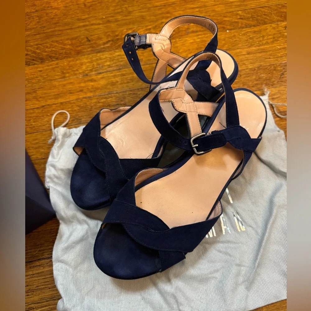 Stuart Weitzman navy blue sandals platform size 8 wedge heels cobalt suede - Picture 3 of 9